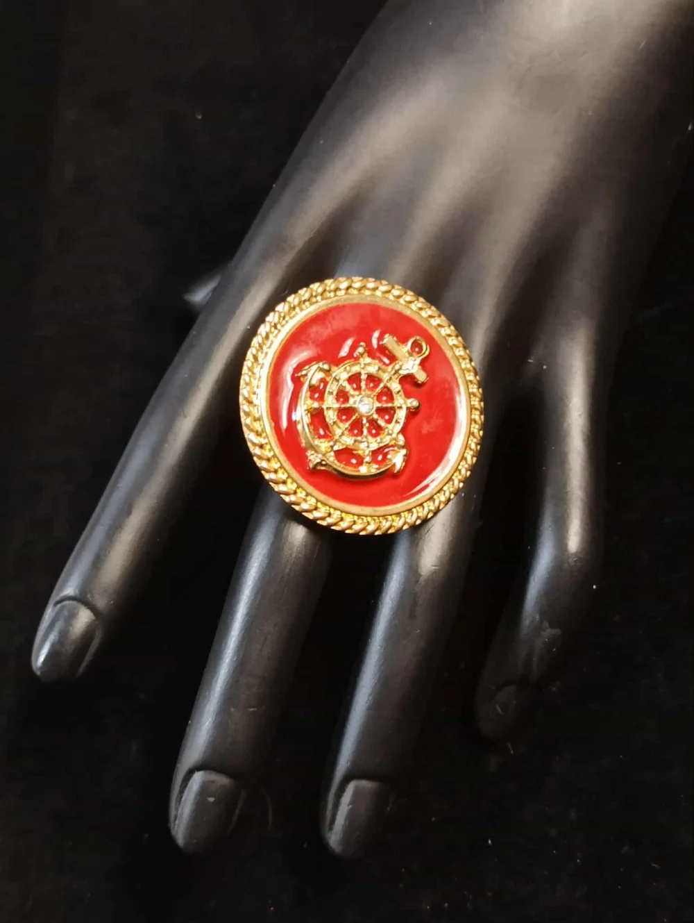 Vintage 80’s Nautical Ship Wheel Red Enamel Gold Tone Statement Ring Adjustable